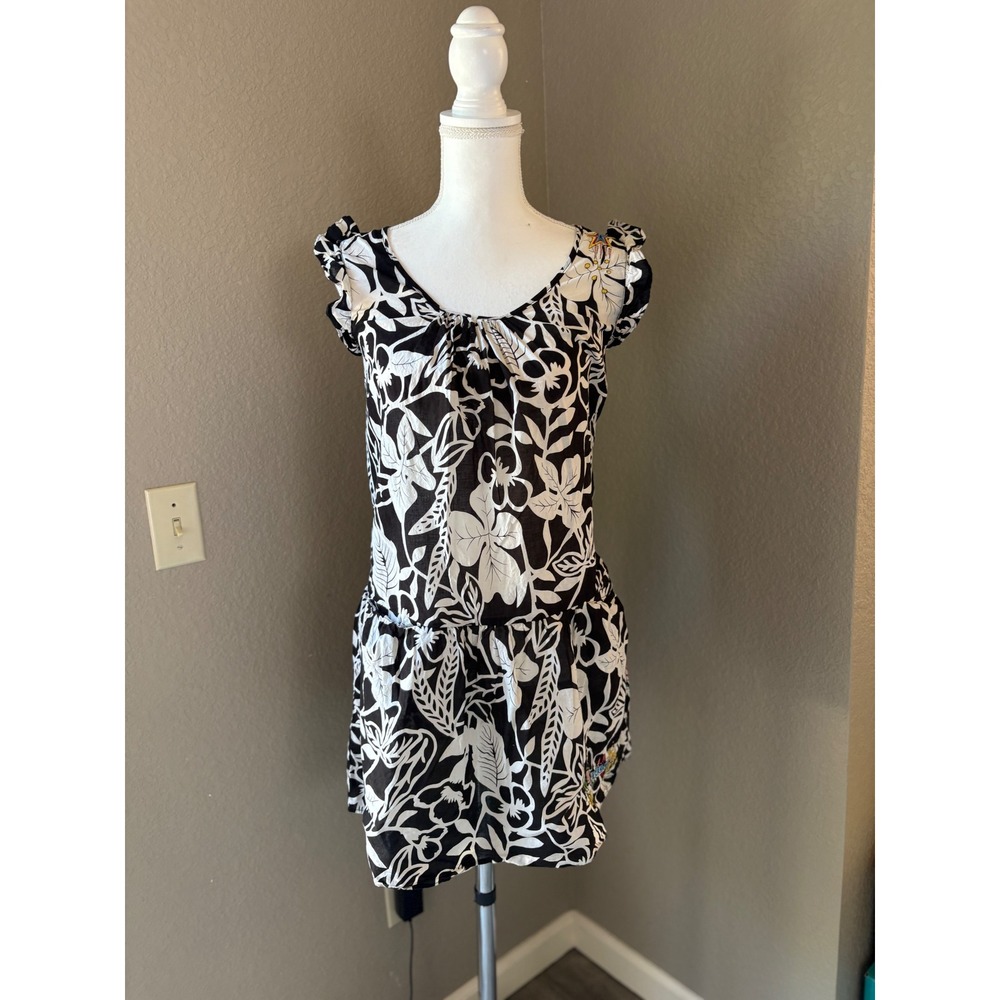 Max Rave Womens Sm Black White Tropical Floral Hollywood Embroidered Mini Dress